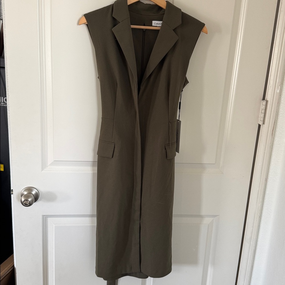 Calvin Klein Dark Olive Sleeveless Belted Midi Dress